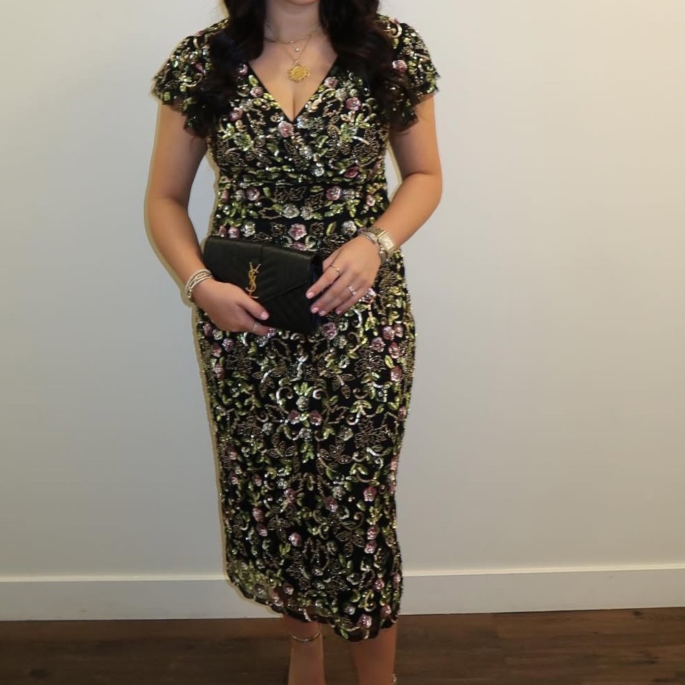 Mac Duggal Black Floral Embellished Flutter Cap Sleeve Dress - Picture 4 of 10